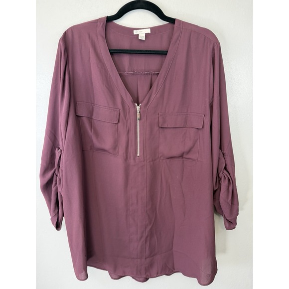 Cato Tops - CATO Plus Size Maroon 1/4‎ Zip up Blouse Size 18/20